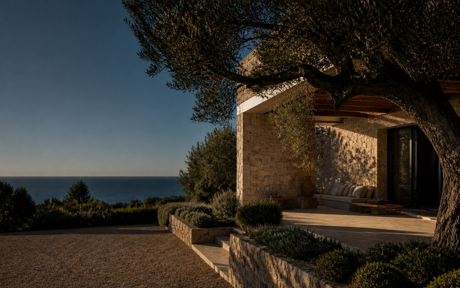 Casa mediterránea de piedra clara abierta al paisaje de la Costa Daurada